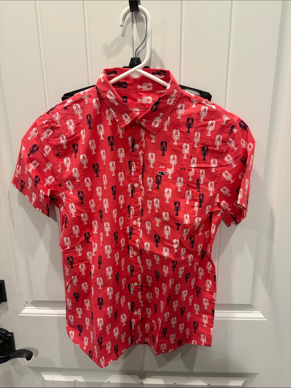 Boy's Short-Sleeve Red Button-Up Shirt with Lobster Print
